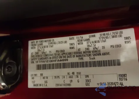 2017 Ford F-150 Xlt z USA, uszkodzony, nr VIN 1FTFW1EG6HFA44999